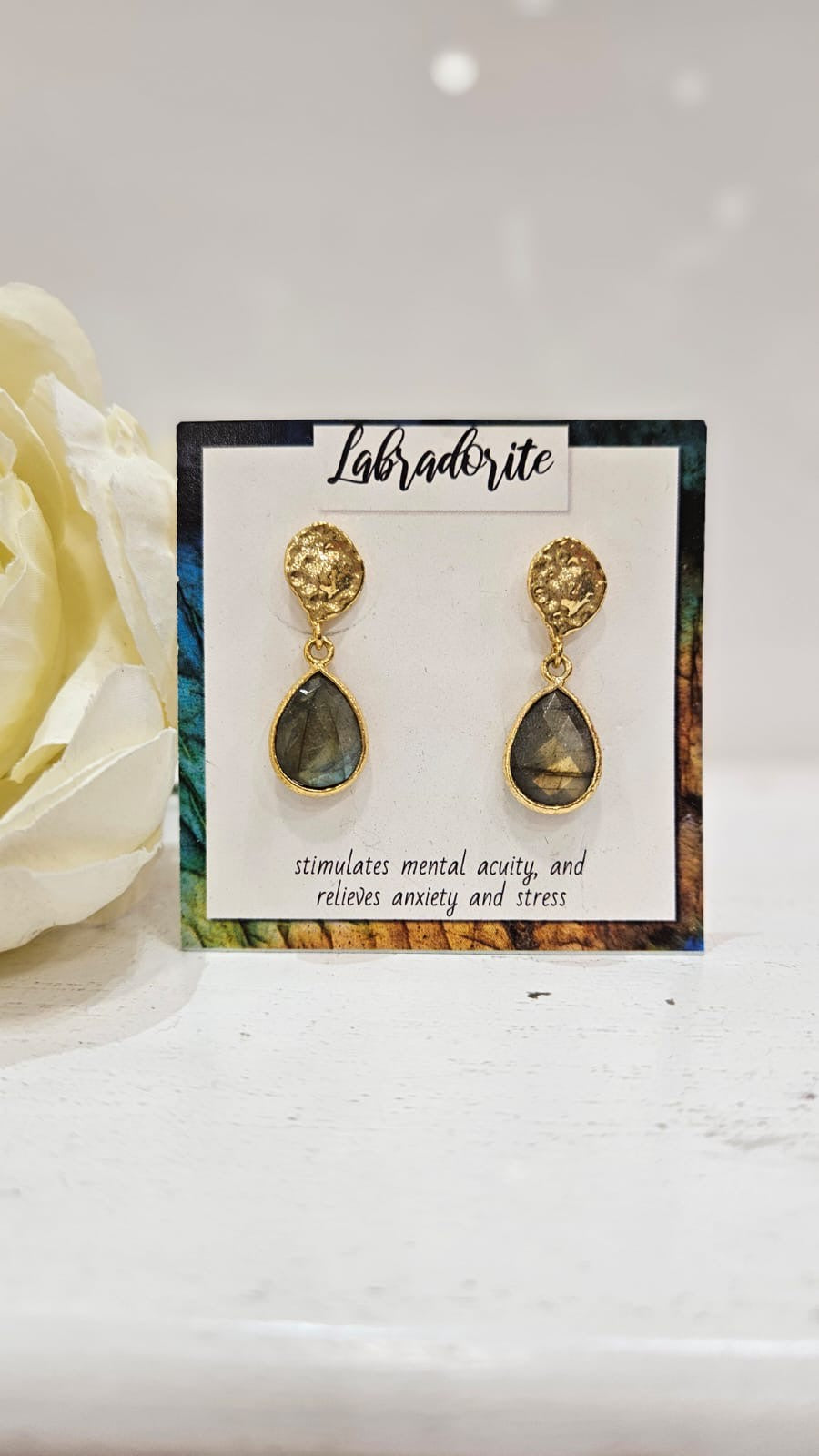 Earrings: Drop Hook Cut Large Spiritual Crystal Labradorite - Green - Gold Plated