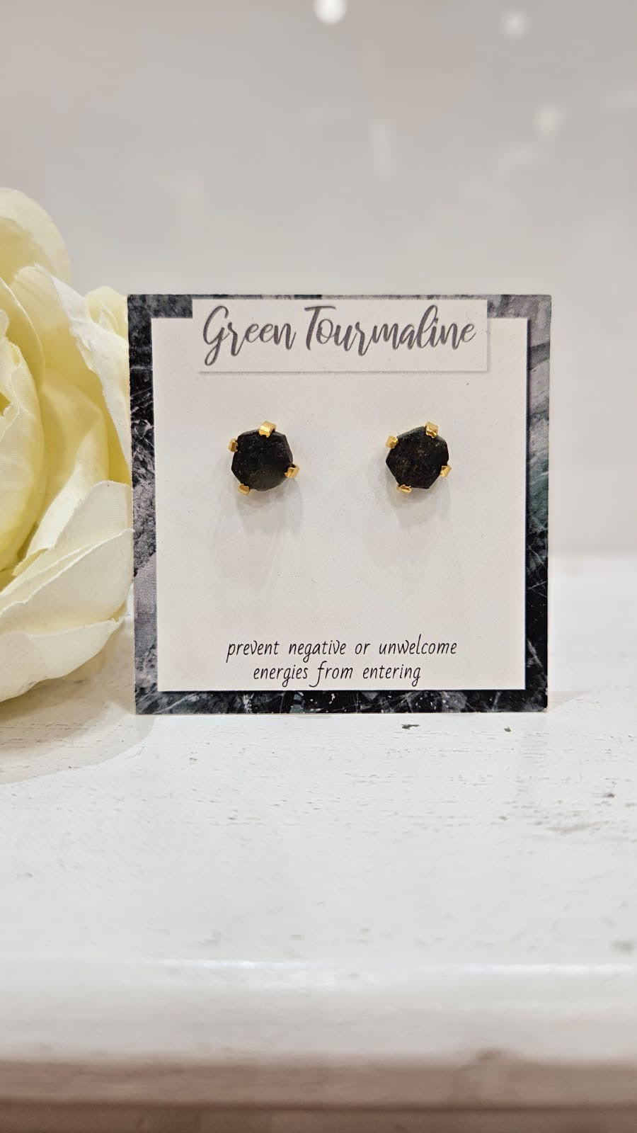 Earrings: Stud Rough Cut Small Spiritual Crystal Green Tourmaline - Green - Gold Plated