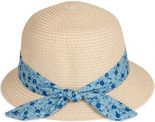 Sun Hat: Short Brim Straw Hat with Ribbon/Bow Band - Natural - Antique Rose