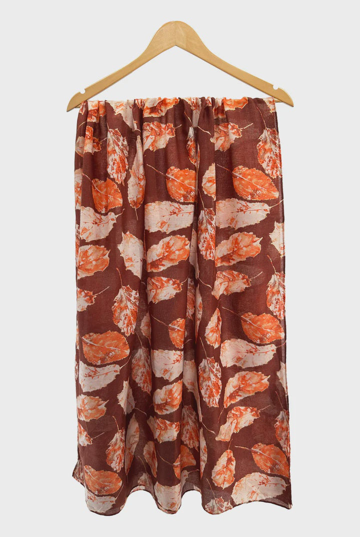 Scarf: Lightweight Autumn Scattered Leaves Cotton Mix - Assorted Colours - Antique Rose