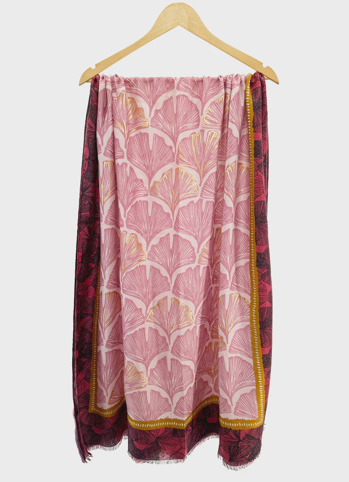 Scarf: Lightweight Scattered Ginkgo Leaves w Border Cotton Mix - Assorted Colours - Antique Rose