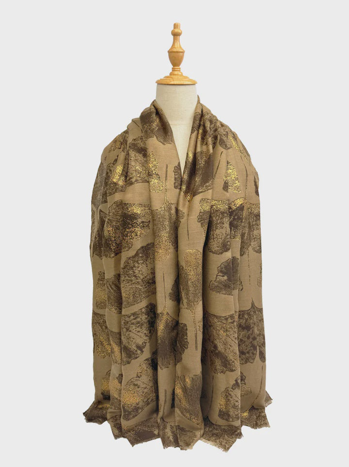 Scarf: Lightweight Metallic Scattered Ginkgo Leaves Cotton Mix - Assorted Colours - Antique Rose