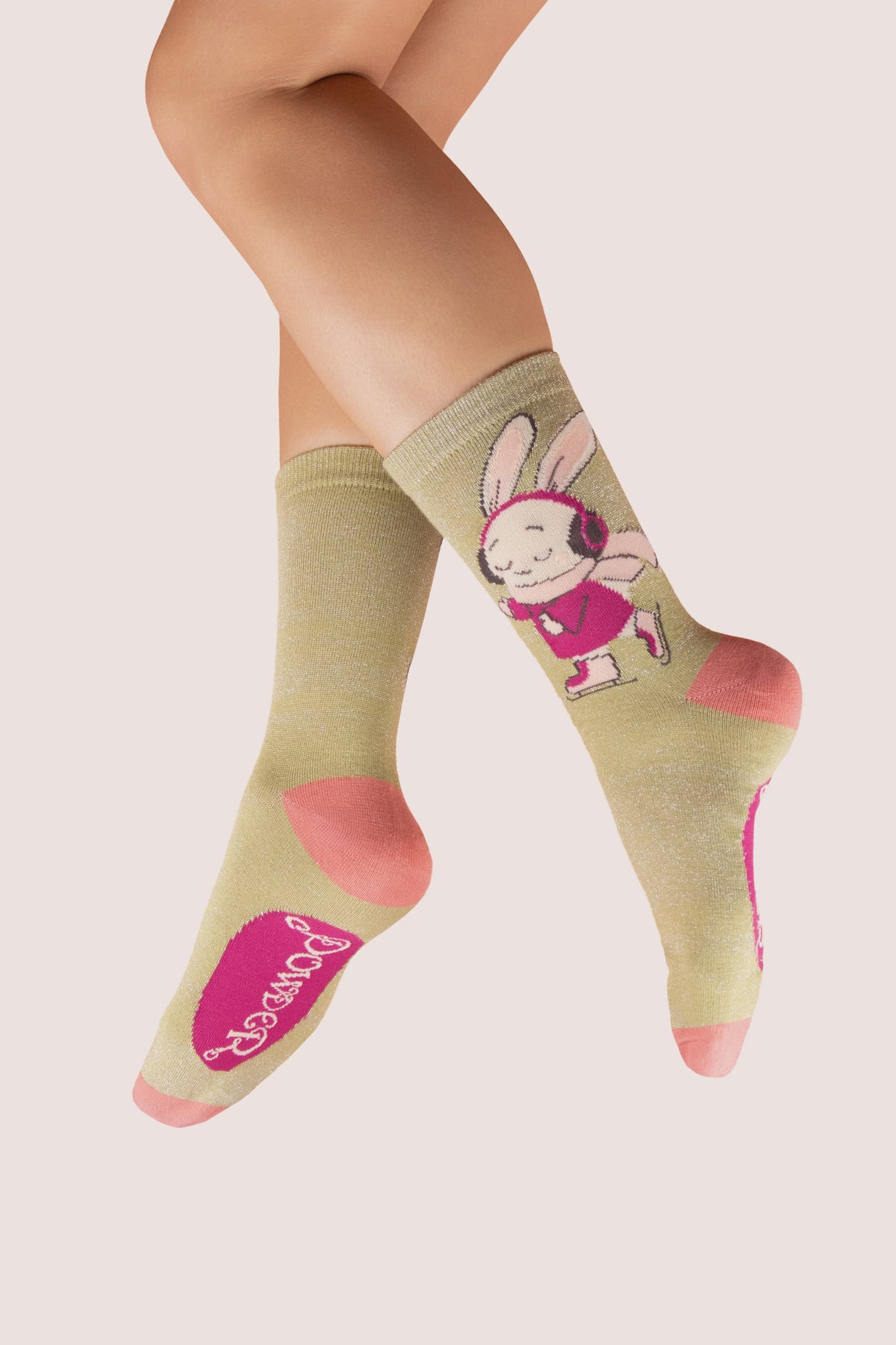 Socks: Ankle Bamboo Glitter Skating Bunny - Green  - FASHION - Powder Designs Ltd