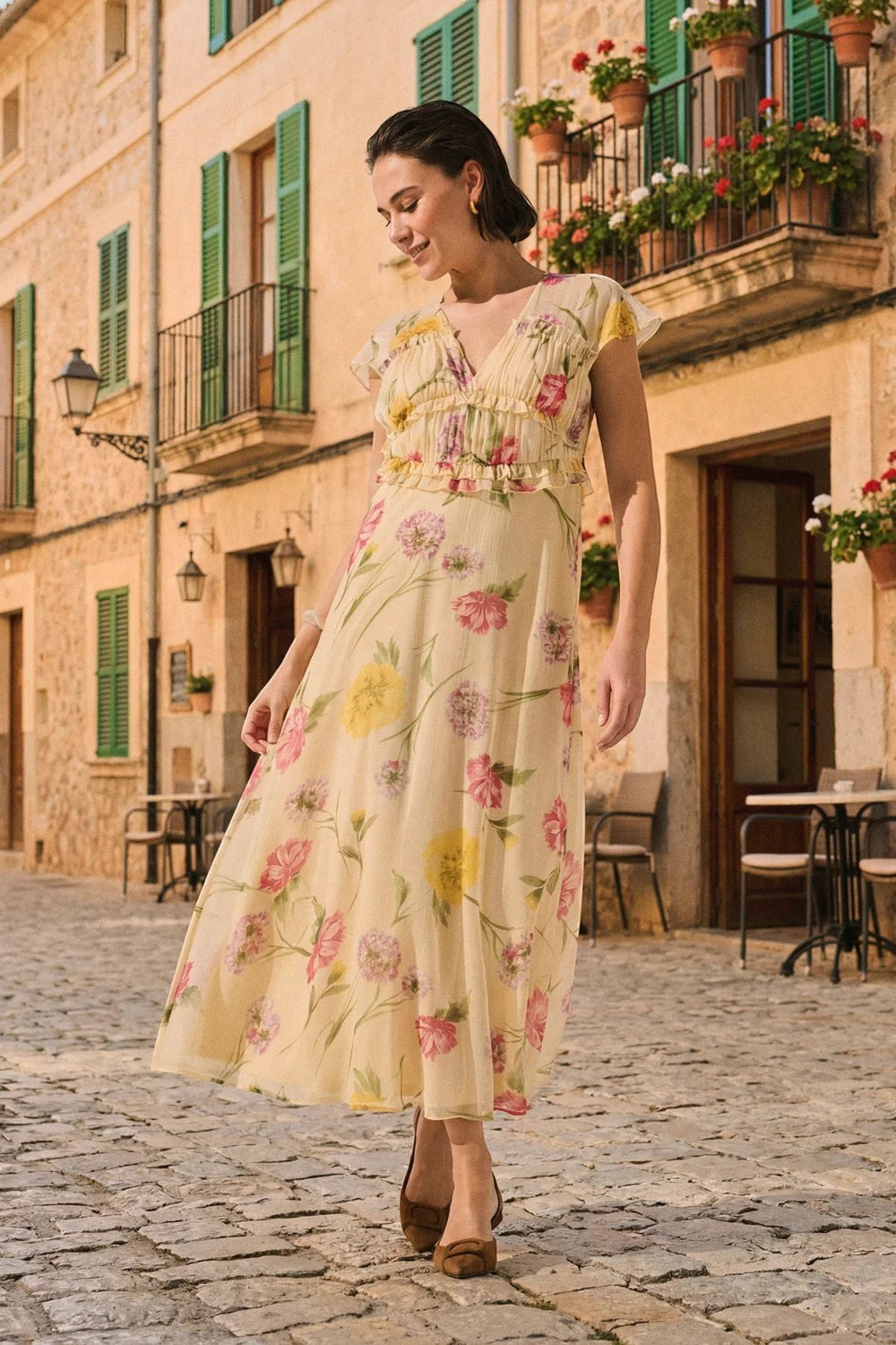 Long Dress: Chiffon Short Sleeve Floral Frill VALDA - Yellow