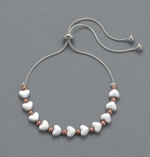 Bracelet: Lariat Hearts & Beads - Silver & Rose Gold