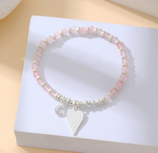 Bracelet: Stretch Beads Discs Charm & Gem Stone - Silver