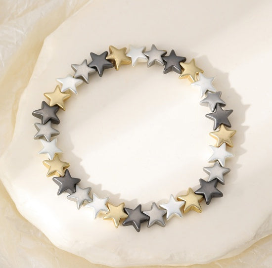 Bracelet: Star Beads Stretch - Silver Gold and Dark Grey - Gracee Jewellery