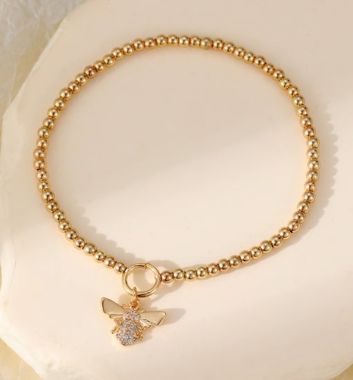 Bracelet: Stretch Beads Crystal Bee Charm - Gold