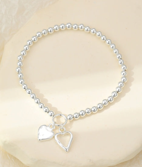 Bracelet: Stretch Beads Large and Small Heart Charms - Silver