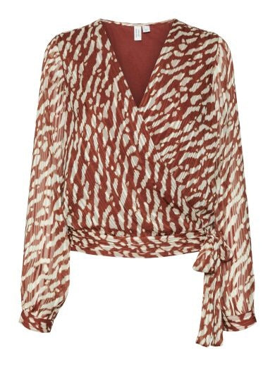 Blouse: Animal Print V Neck Wrap Tie Waist RIE - RUST RED - Vero Moda