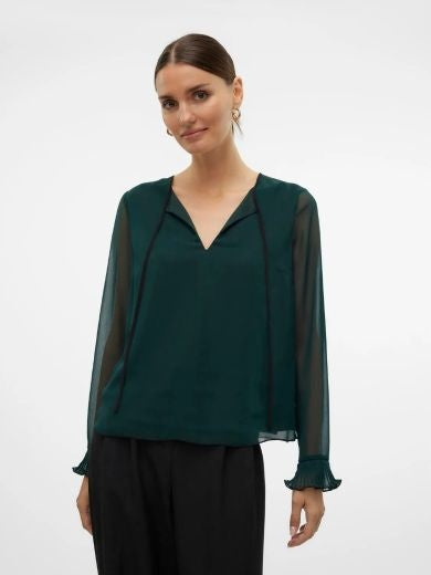 Blouse: Chiffon Tie Neck Sheer Long Sleeves HERLE - Dark Green - Vero Moda