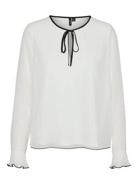 Blouse: Chiffon Tie Neck Sheer Long Sleeves HERLE - Snow White - Vero Moda