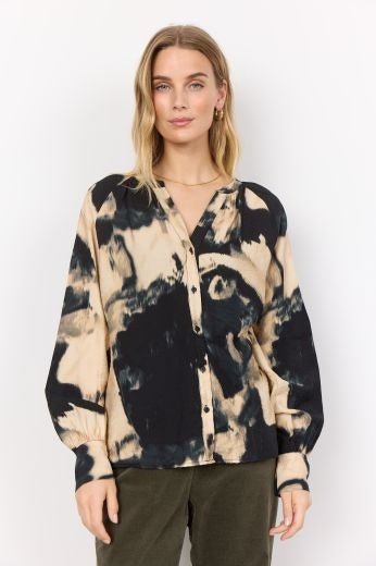 Blouse: Lightweight Abstract Print Long Sleeve NAIOMI - BLACK & CREAM - Soya Concept