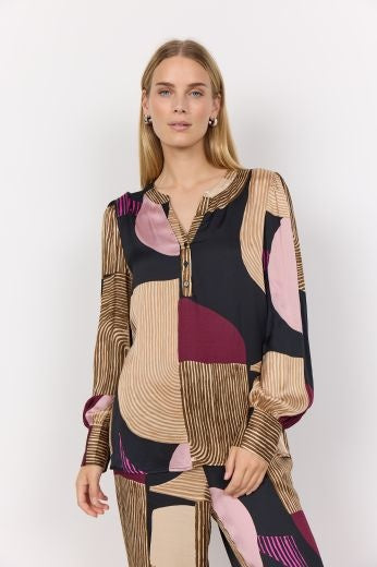 Blouse: Lightweight Geometric Print Long Sleeve NADIKA - FUCHSIA PINK - Soya Concept