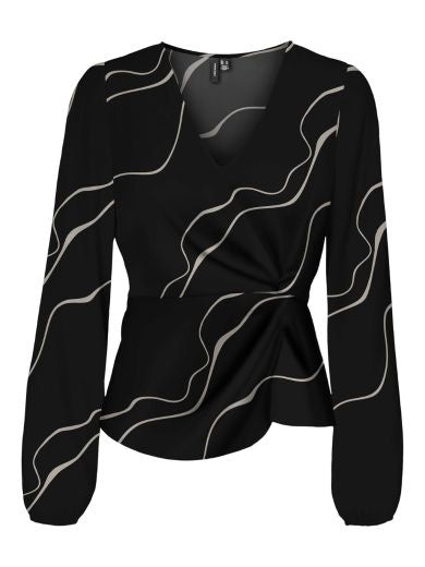 Blouse: Lightweight V Neck Cross Over Abstract Swirl Print MERLE - Black - Vero Moda