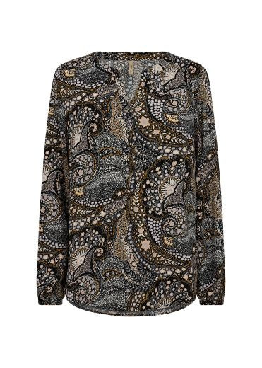 Blouse: Long Sleeve V Neck Kaftan Print MANNY - Rust & Grey - Soya Concept