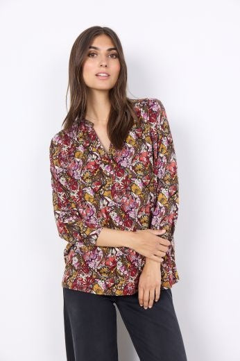 Blouse: Lyocell V Neck 3/4 Sleeve Floral Print MARICA - BRICK RED - Soya Concept