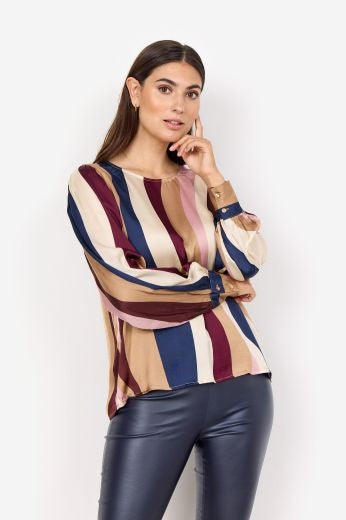 Blouse: Silky Vertical Stripes Long Sleeve - INES - BURGUNDY NAVY & BEIGE - Soya Concept