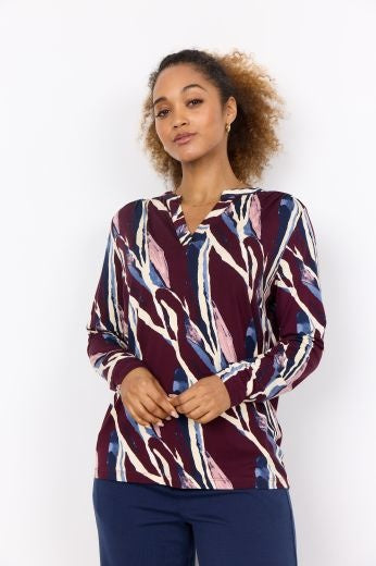 Blouse: Soft Touch Abstract Stripey Print V Neck Long Sleeve - MARICA - BURGUNDY - Soya Concept