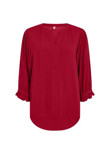 Blouse: Sustainable Viscose V Neck 3/4 Sleeve Frill RADIA - RED - Soya Concept
