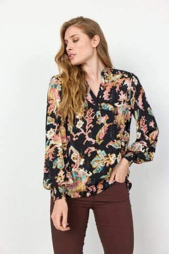 Blouse: Sustainable Viscose V Neck Long Sleeve Vintage Print TAKARI - BLACK BEIGE - Soya Concept