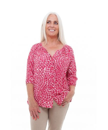 Blouse: Viscose V Neck 3/4 Sleeve Buttons Mosiac Twist - Raspberry - DREAMS - One Size
