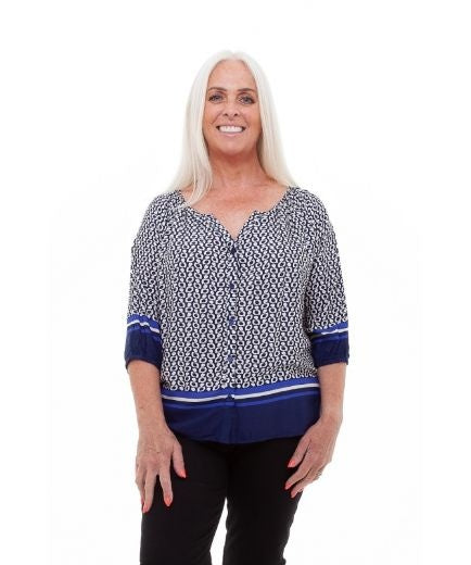 Blouse: Viscose V Neck 3/4 Sleeve Buttons Spot Border - Navy Blue - DREAMS - One Size