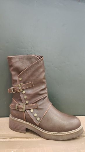 Boots: Vegan Faux Leather Mid Shaft Buckle Studs VENICE - BROWN