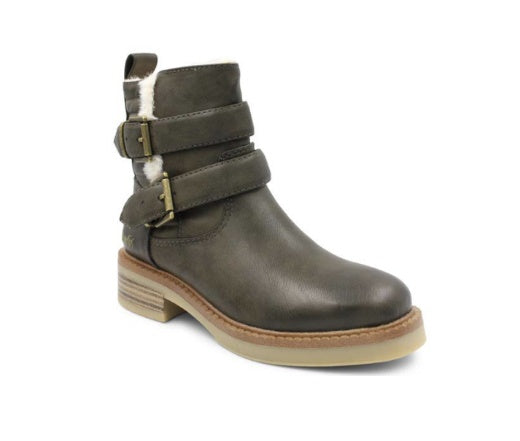 Boots: Vegan Leather Ankle Low Heal Shearling Straps Cushion Sole VINTER - Dark Olive Green - Blowfish Malibu