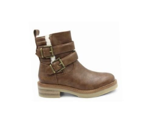 Boots: Vegan Leather Ankle Low Heal Shearling Straps Cushion Sole VINTER - Tan Rust - Blowfish Malibu