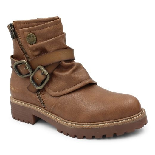 Boots: Vegan Leather RONIN Ankle Buckles Zip Open- Walnut Camel Brown - Blowfish Malibu
