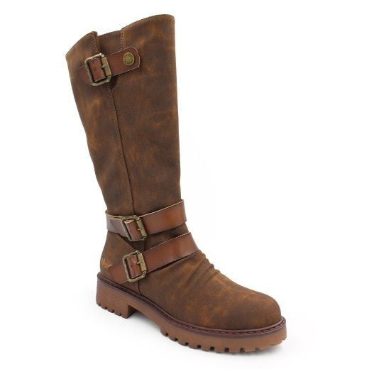Boots: Vegan Suede REDIAL2  Tall Lug Sole Buckles Zip Open  - Walnut Camel Brown - Blowfish Malibu