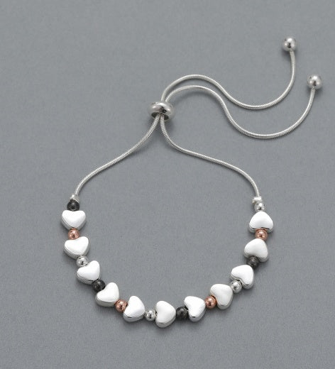 Bracelet: Lariat Hearts & Beads - Silver Rose Gold & Grey
