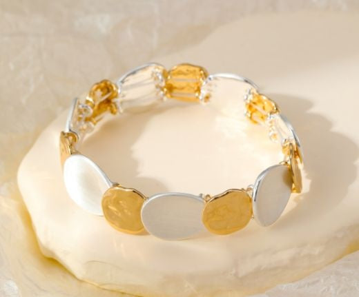 Bracelet: Chunky Stretch Organic Overlapping Circles - Silver & Gold - Gracee Jewellery