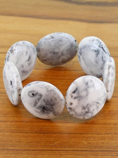 Bracelet: Stretch Resin Disc Marble Effect - White