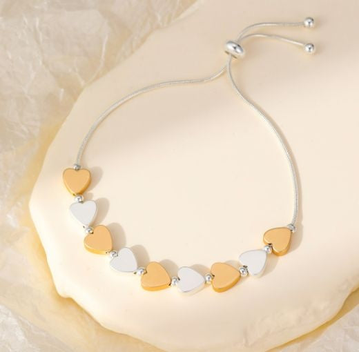 Bracelet: Lariat Multiple Flat Hearts - Gold & Silver