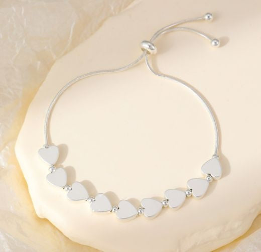 Bracelet: Lariat Multiple Flat Hearts - Silver