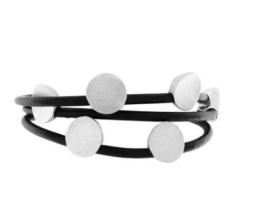 Bracelet: Magnetic Leather Multi Dot Scratched NOSTALGIA - Silver Plated - Dansk
