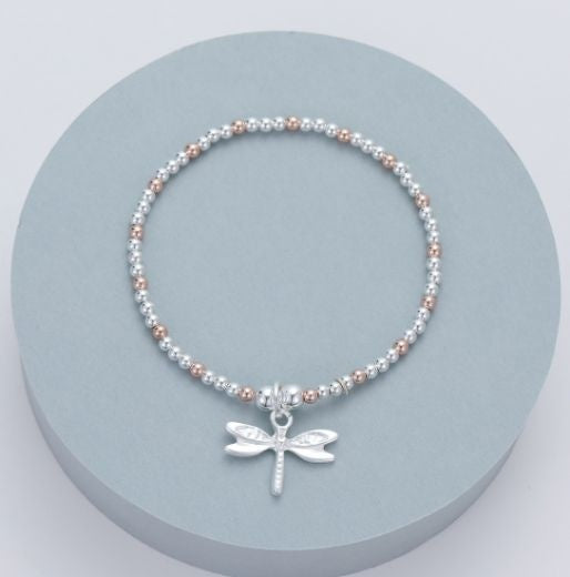 Bracelet: Stretch Beads Dragonfly Charm - Silver