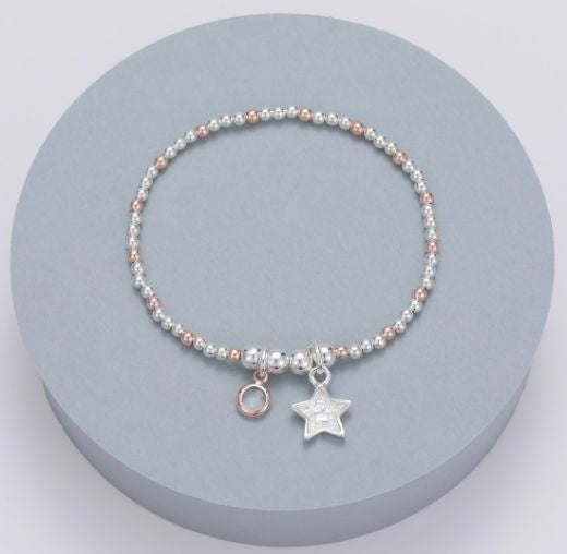 Bracelet: Stretch Beads Star Charm & Gem Stone - Silver & Rose Gold