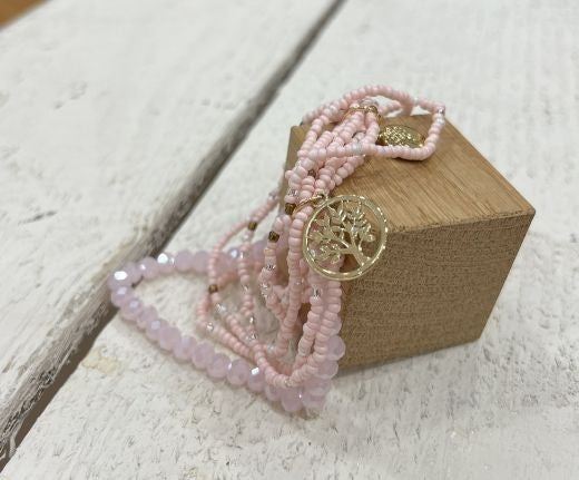 Bracelet: Stretch Coloured Beads  Tree of Life Charm - LIGHT PINK - Antique Rose