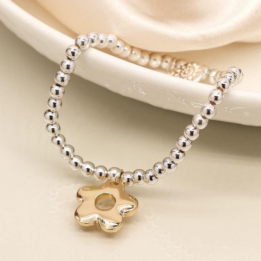 Bracelet: Stretch Flower Charm Small Beads - Silver Plated & Gold - POM