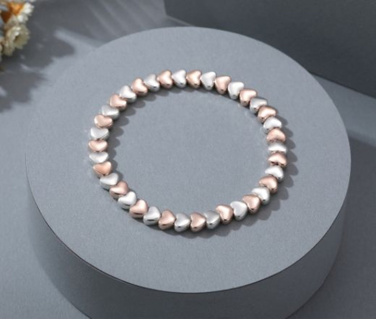 Bracelet: Stretch Hearts Small Flat Shiny Mixed Metal - Rose Gold Silver