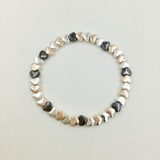 Bracelet: Stretch Hearts Small Matte Mixed Metal - Silver, Black and Rose Gold
