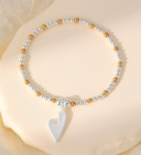 Bracelet: Stretch Small Beads Wonky Heart - Silver Gold - Antique Rose