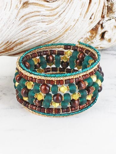 Bracelet: Spiral Wood Beaded Metallic - GOLD TEAL & BROWN  Suzie Blue