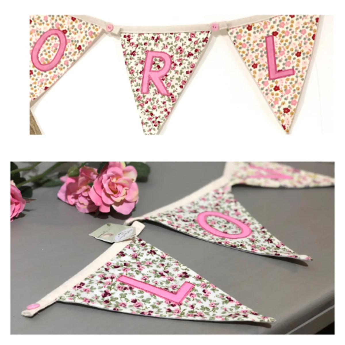 Personalised Letter Bunting Flag: Fabric Triangle Girls Floral Pattern Letter Flag - Pink