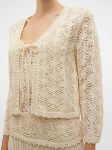 Cardigan: Crochet 3/4 Sleeve Tie Front NEWVERENA - Birch Cream - Vero Moda
