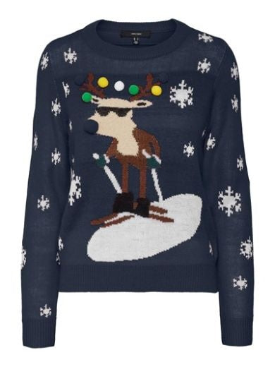 Christmas Jumper: Knitted Rudolph on Skis - Navy - Vero Moda