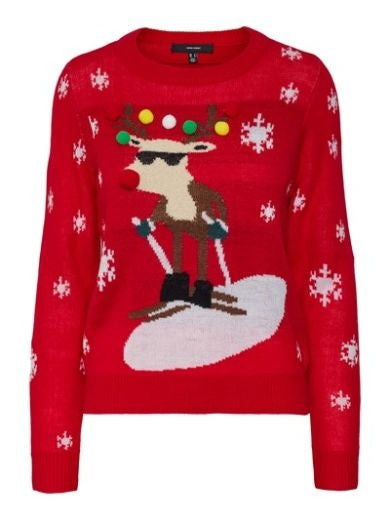 Christmas Jumper: Knitted Rudolph on Skis - Red - Vero Moda